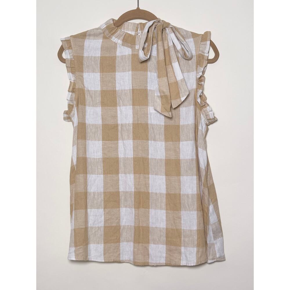 Cottagecore Gingham Buffalo Plaid Tie Neck Sleeveless Top Small Linen Blend